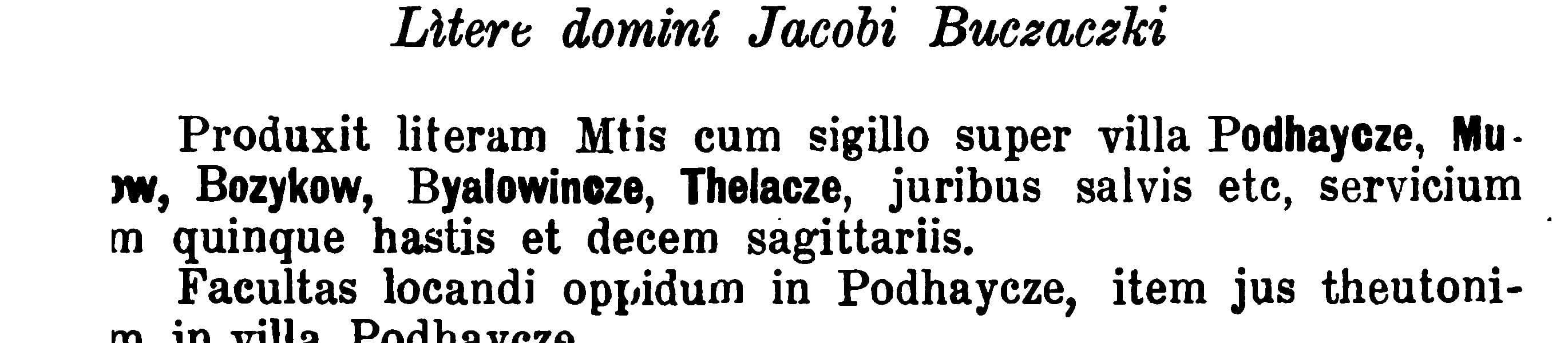 Друкований латинський текст зі словами Podhaycze, Muzylow, Bozykow, Byalowincze, Thelacze