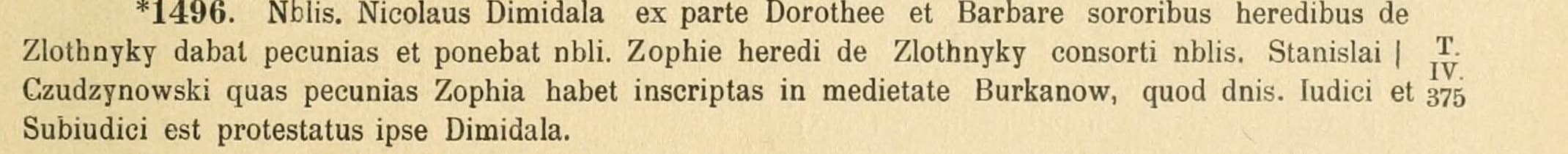 Printed Latin court entry no. 1496 with the words in medietate Burkanow