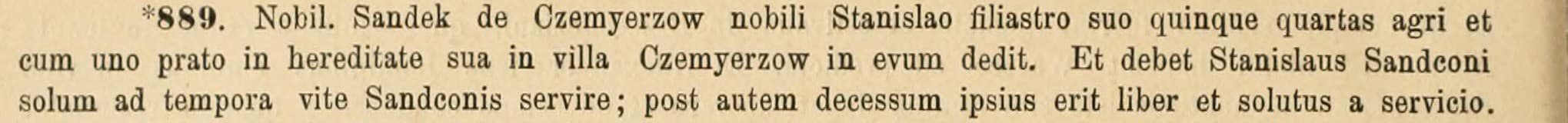 Printed Latin entry no. 889 with the words Sandek de Czemyerzow