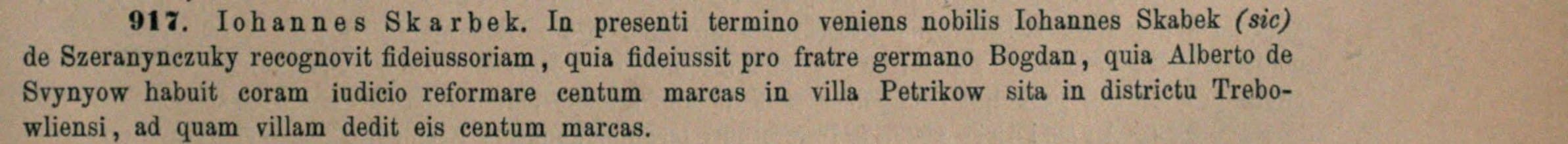 Printed Latin court entry no. 917 with the words in villa Petrikow sita in districtu Trebowliensi