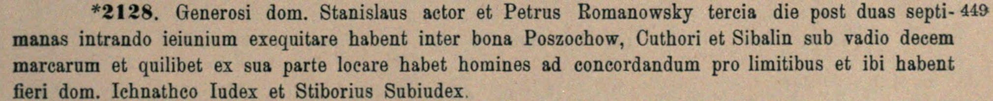 Printed Latin court entry no. 2128 naming Poszochow, Cuthori et Sibalin