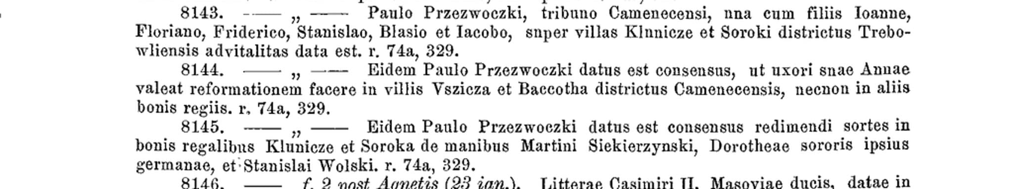 Printed Latin summaries no. 8143 and no. 8145 with the words villas Klunicze et Soroki districtus Trebowliensis