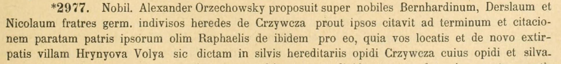 Printed Latin entry no. 2977 with the words villam Hrynyova Volya