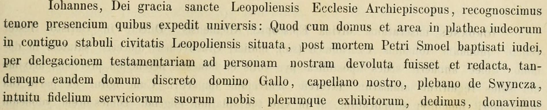 Printed Latin document LXVIII with the words plebano de Swyncza