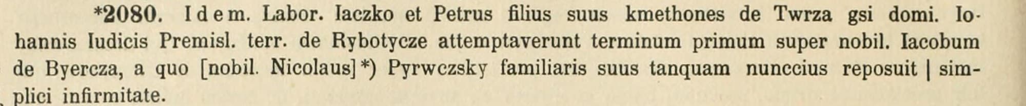 Printed Latin entry no. 2080 with the words kmethones de Twrza