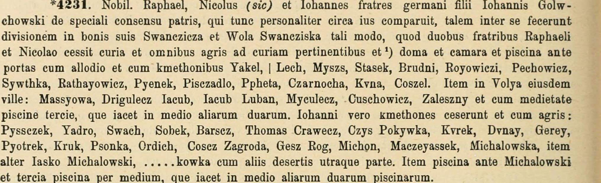 Drukowany łaciński zapis nr 4231 z listą imion kmieci ze Swanczicza